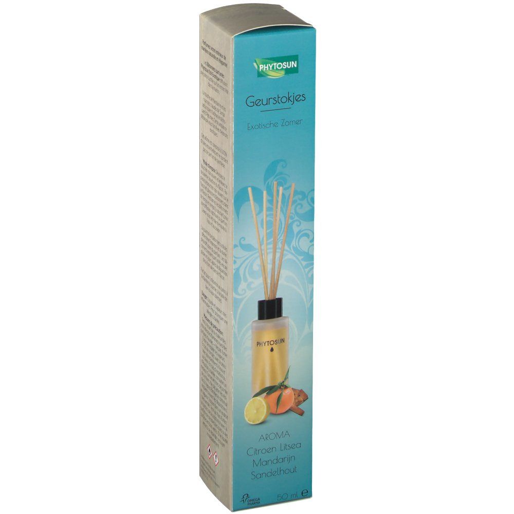 Verpackung mit Duftstäbchen. Flasche mit Flüssigkeit und Stäbchen. Aufschrift: Phytosun, Aroma, Zitrone, Mandarine, Sandelholz.
