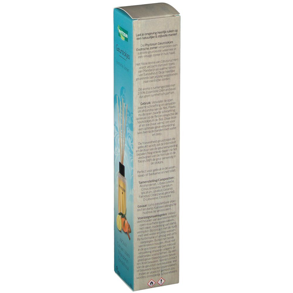 Schmale Verpackung mit Text. Aufschrift: Phytosun. Text in mehreren Sprachen. Abbildung von Zitrone, Mandarine und Stäbchen.