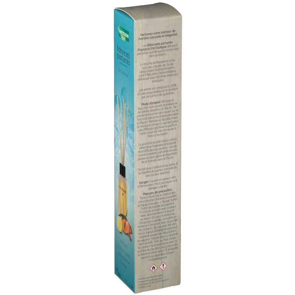 Schmale Verpackung mit Text. Aufschrift: Phytosun. Text in mehreren Sprachen. Abbildung von Zitrone, Mandarine und Stäbchen.