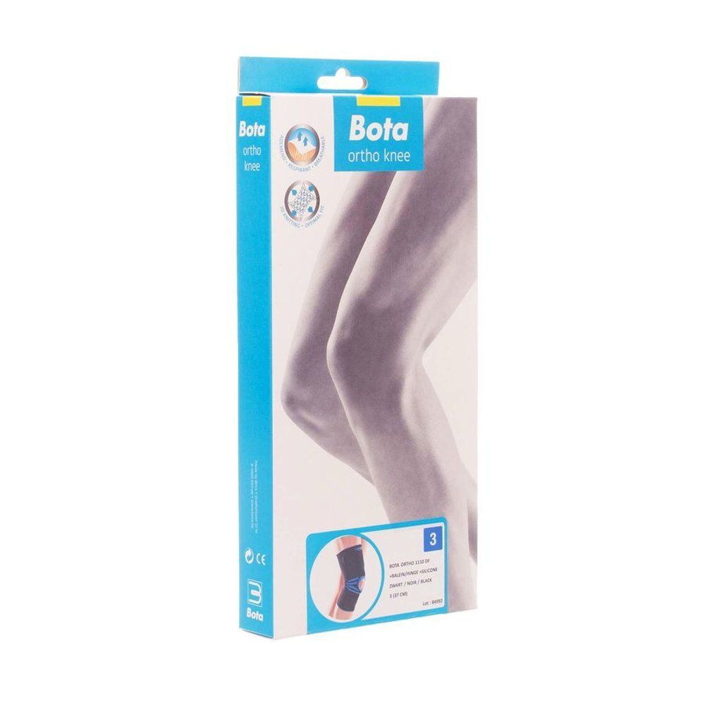 Emballage de l'orthèse de genou Bota. Vue de face avec image du produit et logo. Taille 3, noir.