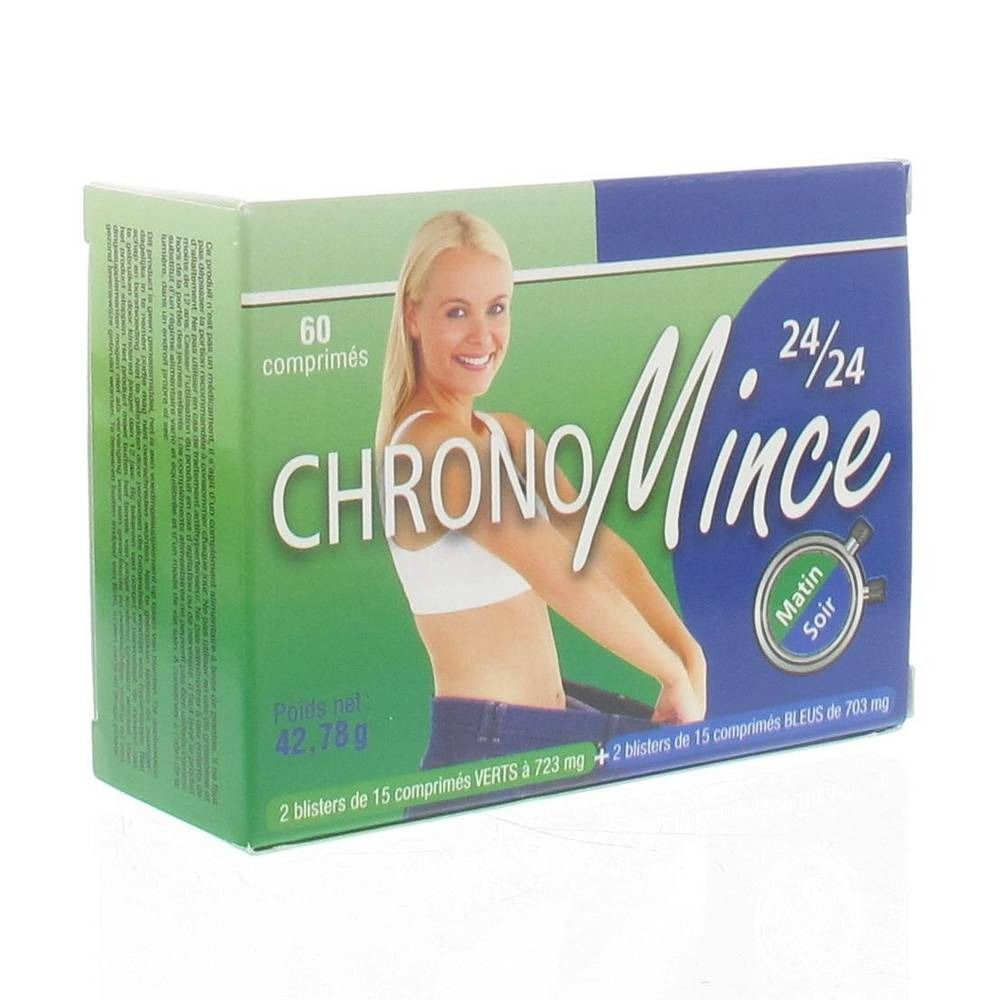 Schachtel mit CHRONOMince-Tabletten. Aufdruck: 60 Tabletten, 42,78g. Abgebildet ist eine Frau. Text: Matin Soir, 24/24. 2 Blister grün, 2 blau.