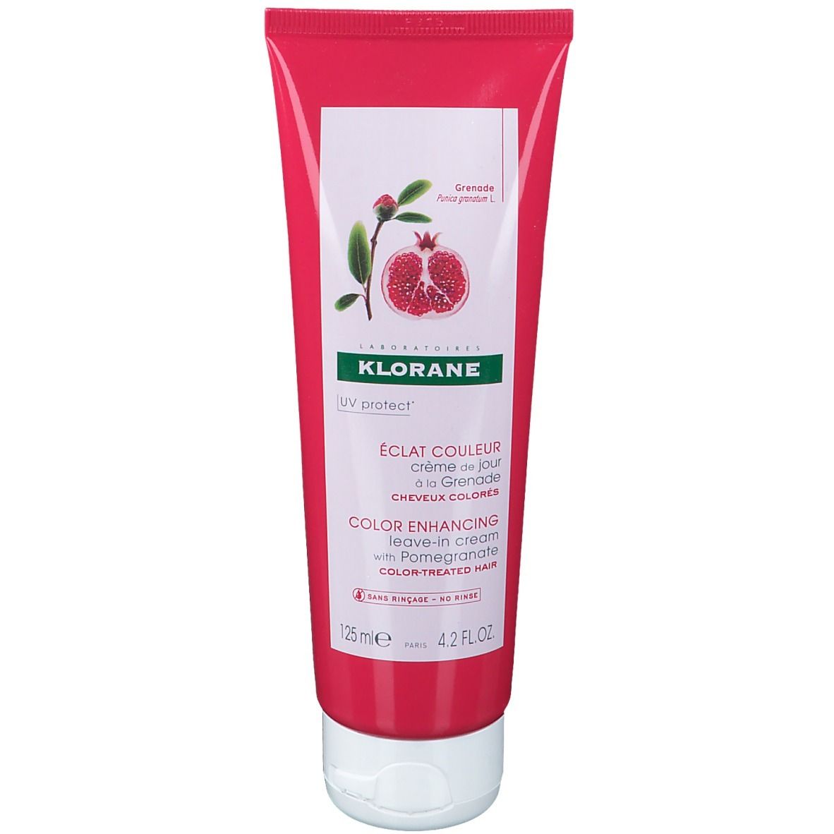 Rote Tube mit weißem Etikett. Aufschrift: KLORANE, Granatapfel-Extrakt, Farbverstärkende Leave-in-Creme für coloriertes Haar.