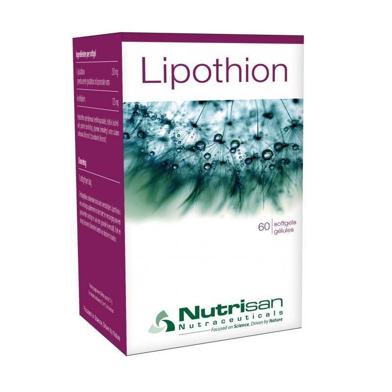 Verpackung von Nutrisan Lipothion. Aufschrift "Lipothion" und "60 softgels". Logo von Nutrisan Nutraceuticals.