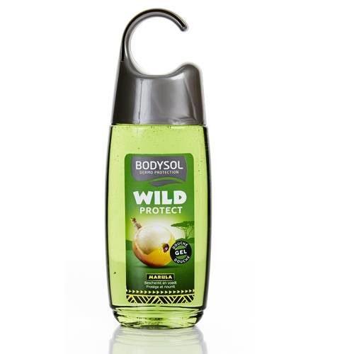 Grüne Duschgel-Flasche mit Aufhänger. Text: BODYSOL WILD PROTECT MARULA. Abbildung einer Frucht.