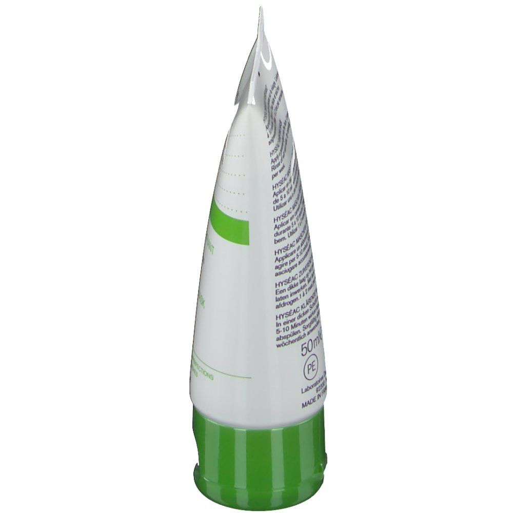Vue latérale du tube. Blanc, vert. Uriage Hyséac Masque Purifiant. Texte sur l'emballage. Bouchon vert.