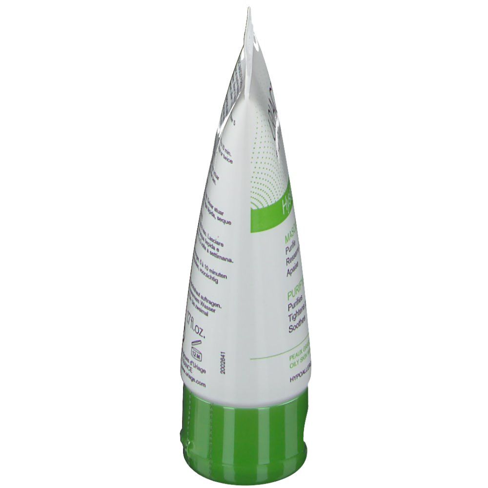 Vue latérale du tube. Blanc, vert. Uriage Hyséac Masque Purifiant. Texte sur l'emballage. Bouchon vert.