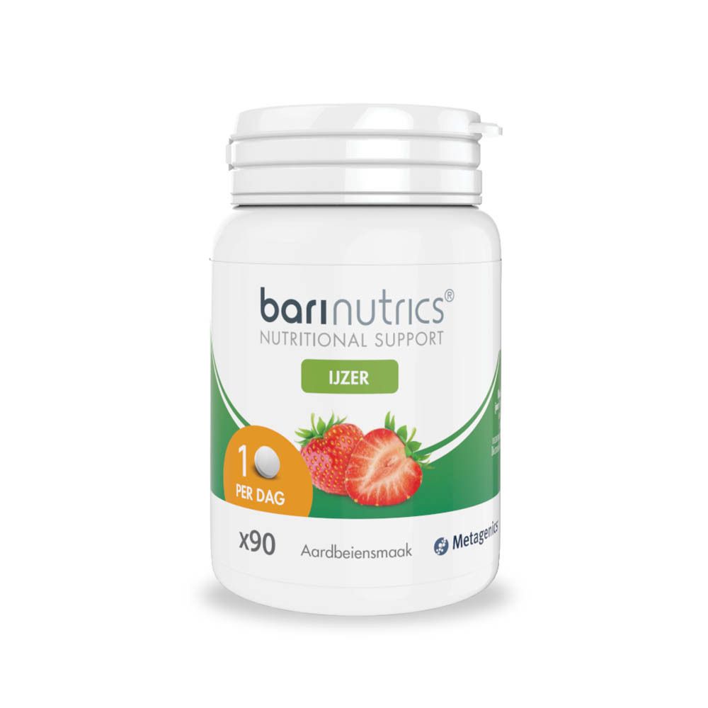 Weißes Fläschchen mit Schraubverschluss. Aufschrift: Barinutrics, Nutritional Support, UZER. Erdbeeren-Abbildung.