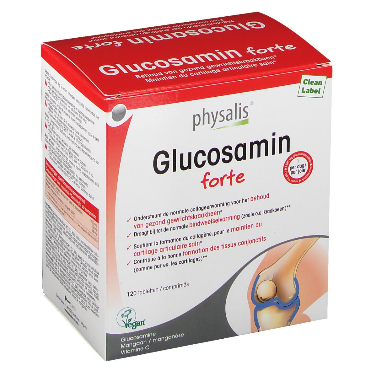 Verpackung von Keypharm Glucosamin forte. Rote und weiße Schachtel mit Produktnamen und Logo. 120 Tabletten. Vegan-Siegel.