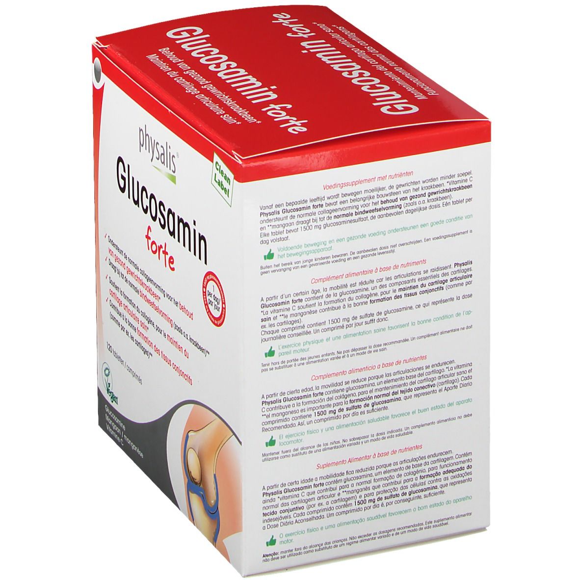 Keypharm Glucosamin forte Verpackung. Seitenansicht mit Text in mehreren Sprachen. Enthält Informationen zu Inhaltsstoffen und Dosierung.