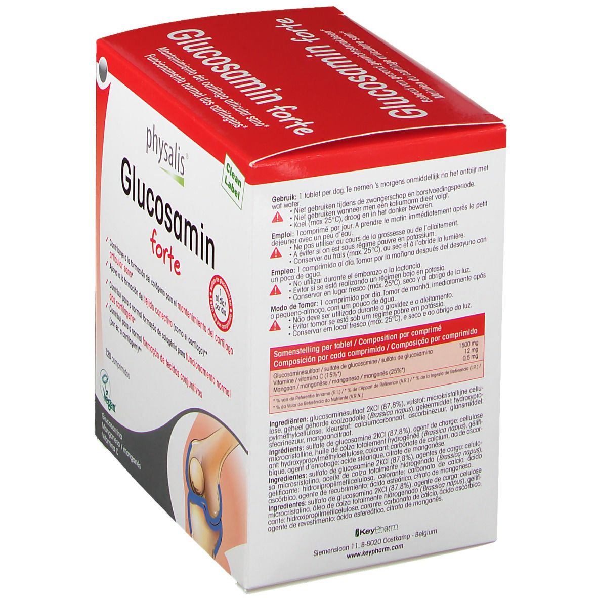 Keypharm Glucosamin forte Verpackung. Seitenansicht mit Text in mehreren Sprachen. Enthält Informationen zu Inhaltsstoffen und Dosierung.