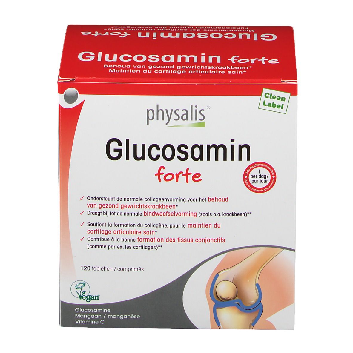 Keypharm Glucosamin forte Verpackung. Rote und weiße Schachtel mit Produktnamen und Logo. 120 Tabletten. Vegan-Siegel.