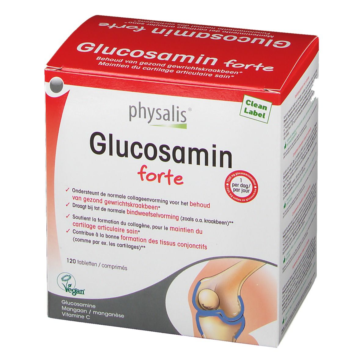 Keypharm Glucosamin forte Verpackung. Rote und weiße Schachtel mit Produktnamen und Logo. 120 Tabletten. Vegan-Siegel.
