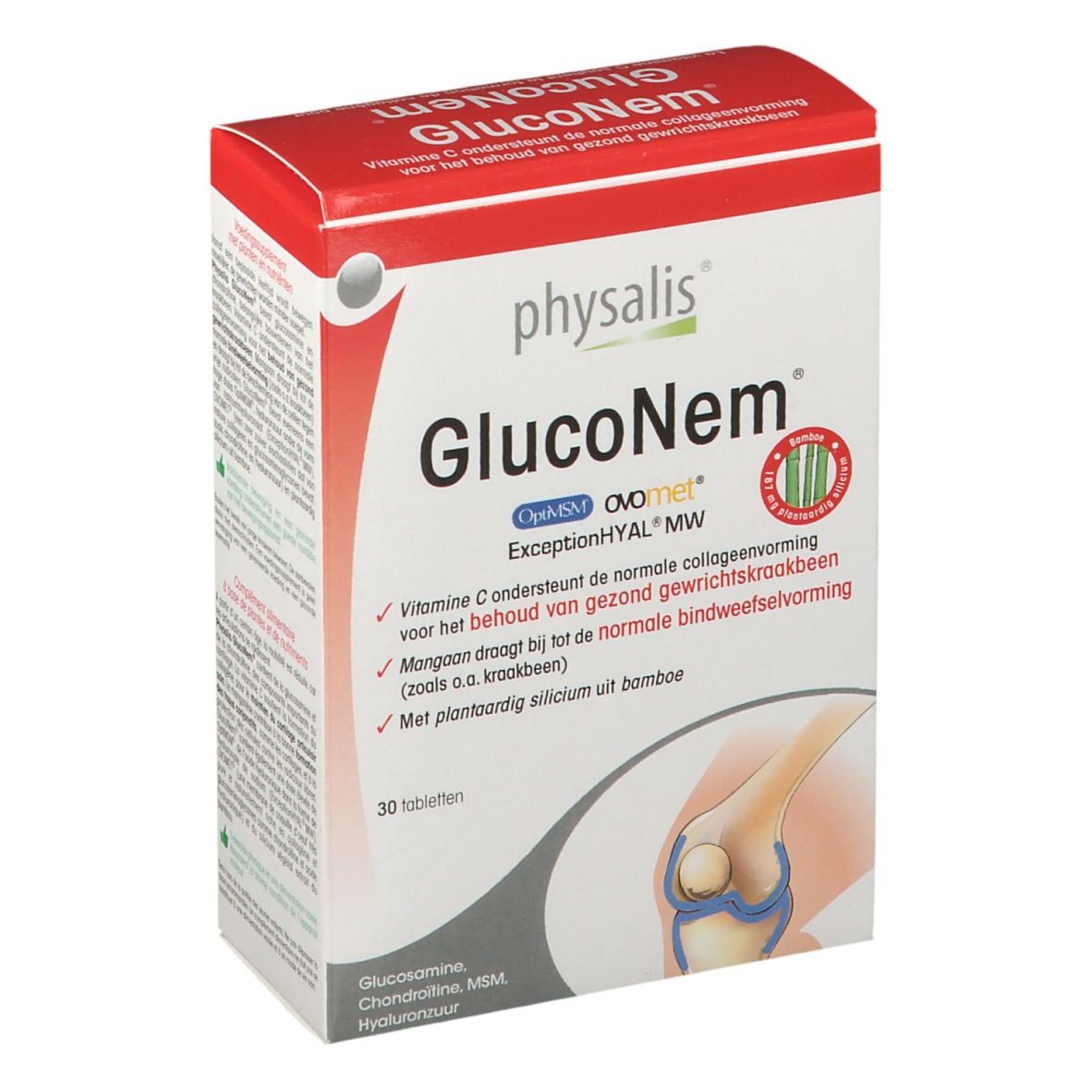 Verpackung von Physalis GlucoNem. Rote und weiße Schachtel mit Produktnamen und Inhaltsangaben. Abbildung eines Gelenks.