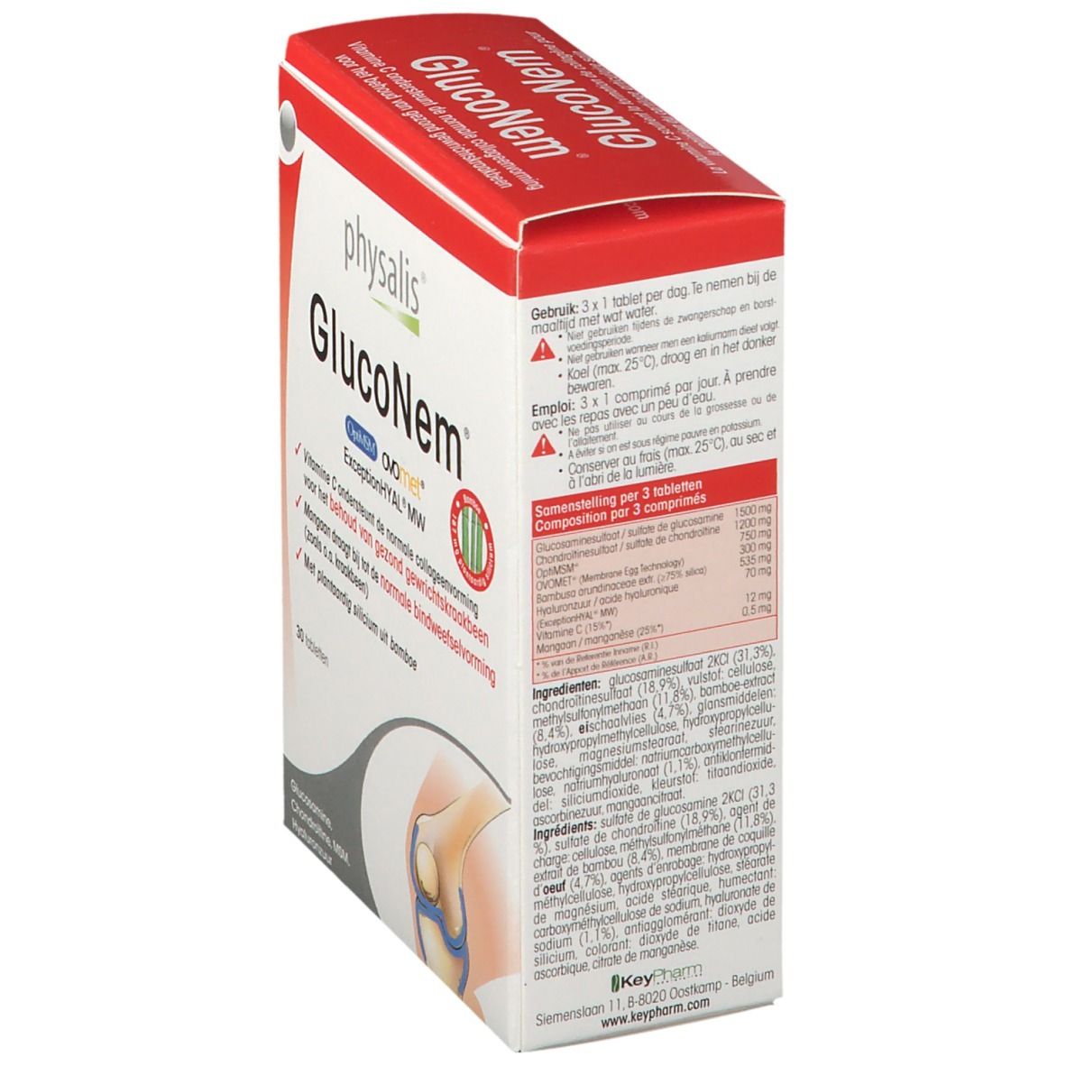 Seitenansicht der Physalis GlucoNem Verpackung. Enthält Informationen zu Inhaltsstoffen und Dosierung. Rote und weiße Schachtel.