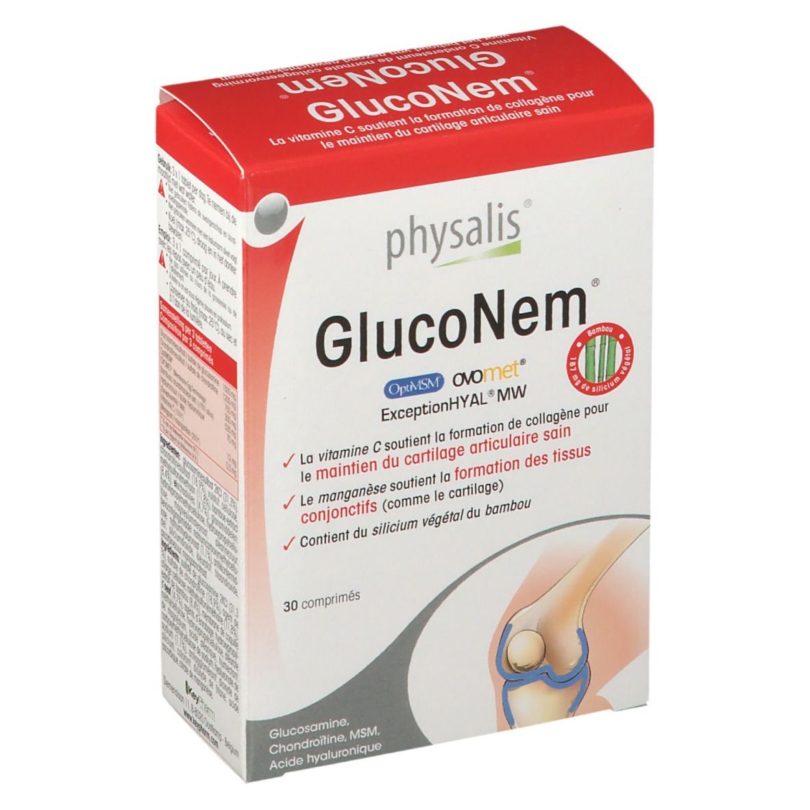 Physalis GlucoNem Verpackung. Rote und weiße Schachtel mit Produktnamen und Inhaltsangaben. Abbildung eines Gelenks.