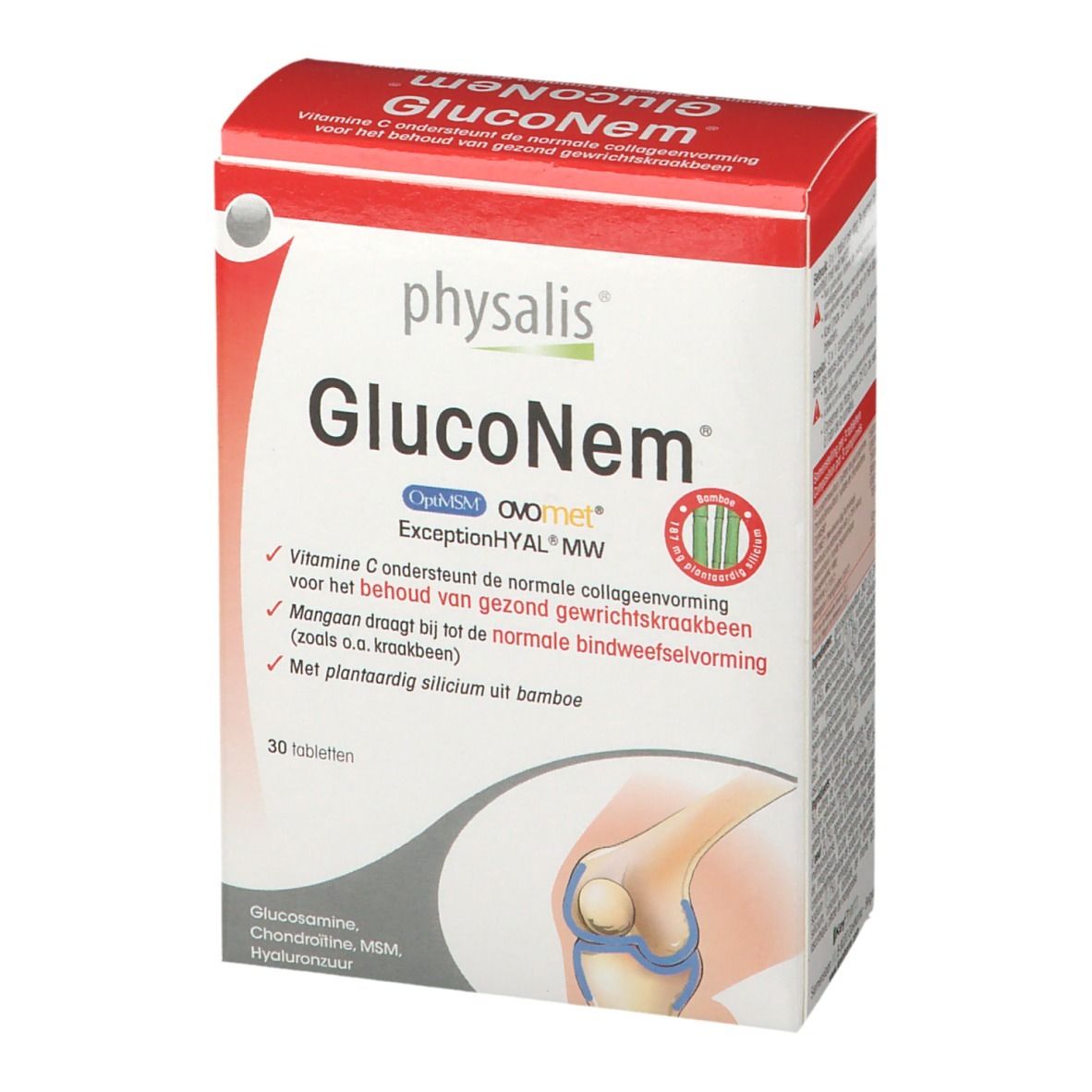 Physalis GlucoNem Verpackung. Rote und weiße Schachtel mit Produktnamen und Inhaltsangaben. Abbildung eines Gelenks.