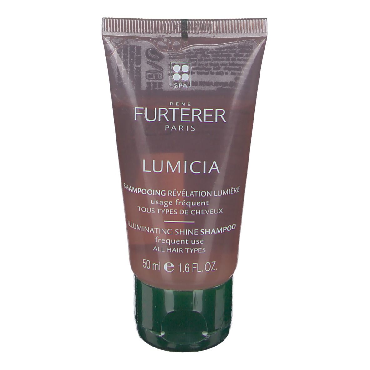 Tube de shampooing LUMICIA. Shampooing brun transparent. Bouchon vert. Texte: RENE FURTERER, LUMICIA, 50 ml.