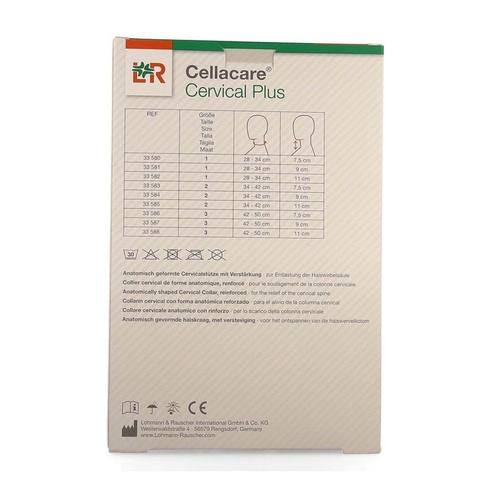Dos de l'emballage Cellacare Cervical Plus. Tableau des tailles et informations produit multilingues. Marque CE.
