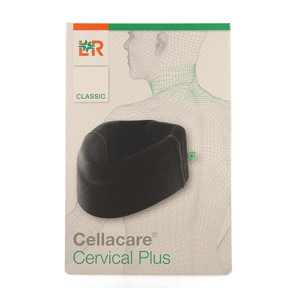 Emballage Cellacare Cervical Plus. Collier cervical noir sur illustration d'un cou. Logo et texte Cellacare Cervical Plus.
