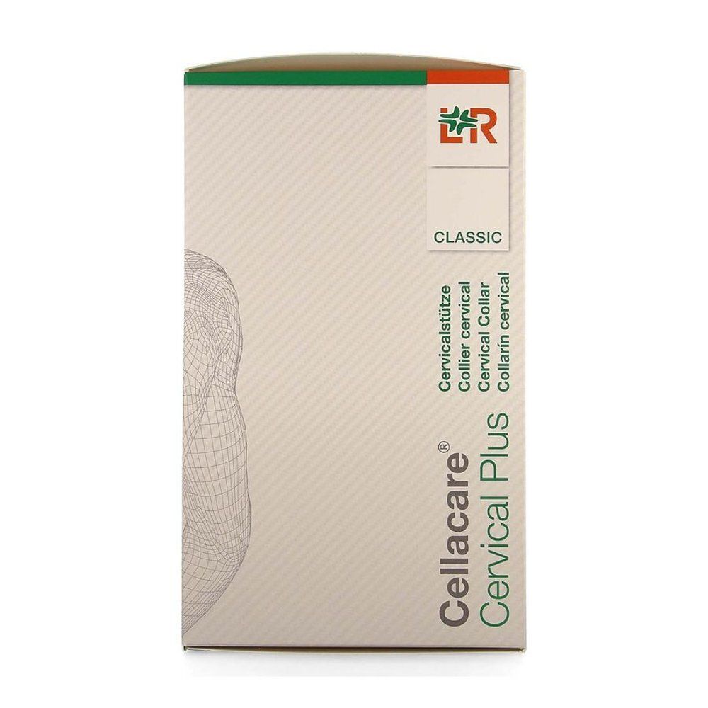 Emballage Cellacare Cervical Plus. Logo et texte Cellacare Cervical Plus. Texte : Cervicalstütze, Collier cervical, Collare cervical.