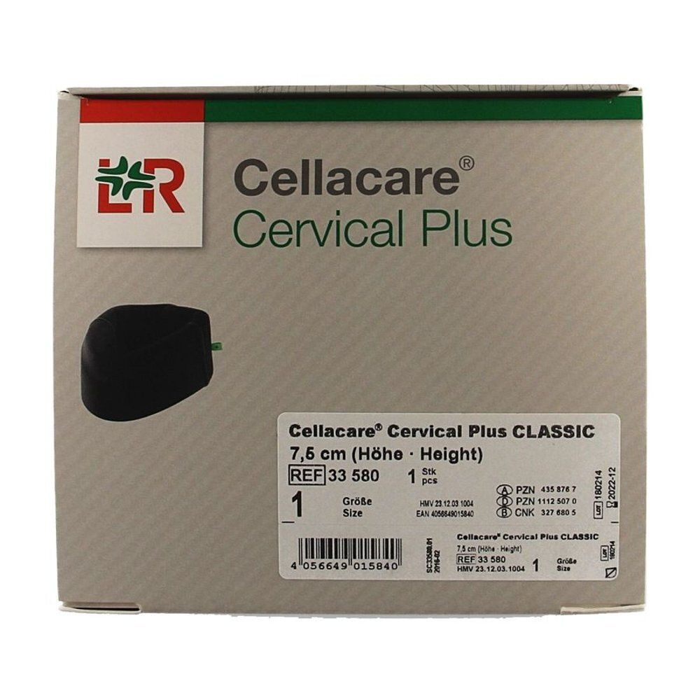 Emballage Cellacare Cervical Plus Classic. Nom du produit, taille, hauteur 7,5 cm. Inscription: 1 pièce. Code-barres et autres informations.