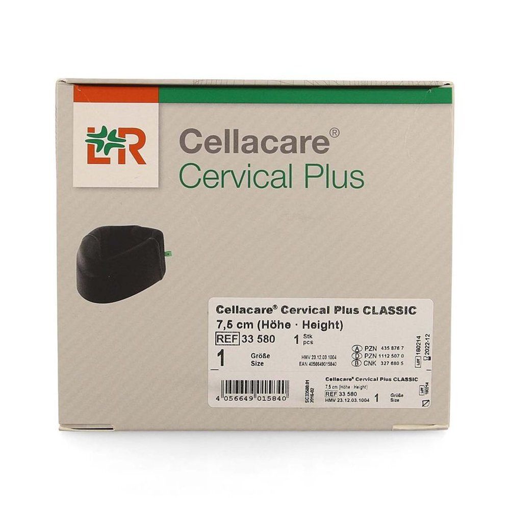 Emballage Cellacare Cervical Plus. Collier cervical noir et informations sur le produit. Taille 7,5 cm (hauteur). REF 33 580. Taille 1.