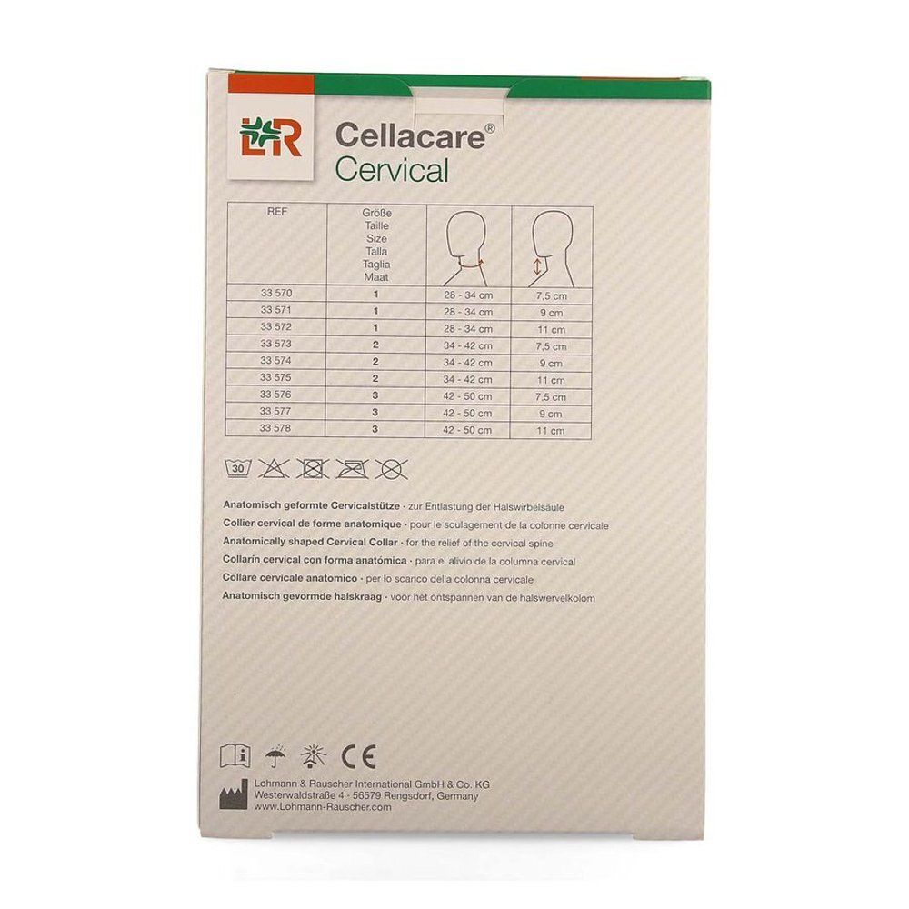 Dos de l'emballage Cellacare Cervical Classic. Informations produit et tableau des tailles.