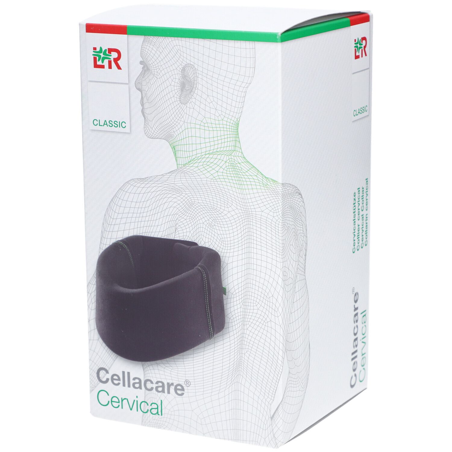 Cellacare Cervical Classic. Collerette cervicale noire dans son emballage. Logo et texte Cellacare Cervical.
