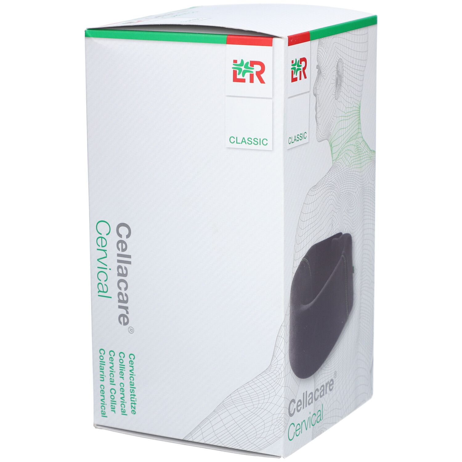 Cellacare Cervical Classic. Emballage avec collerette cervicale. Texte Cellacare Cervical et logo.