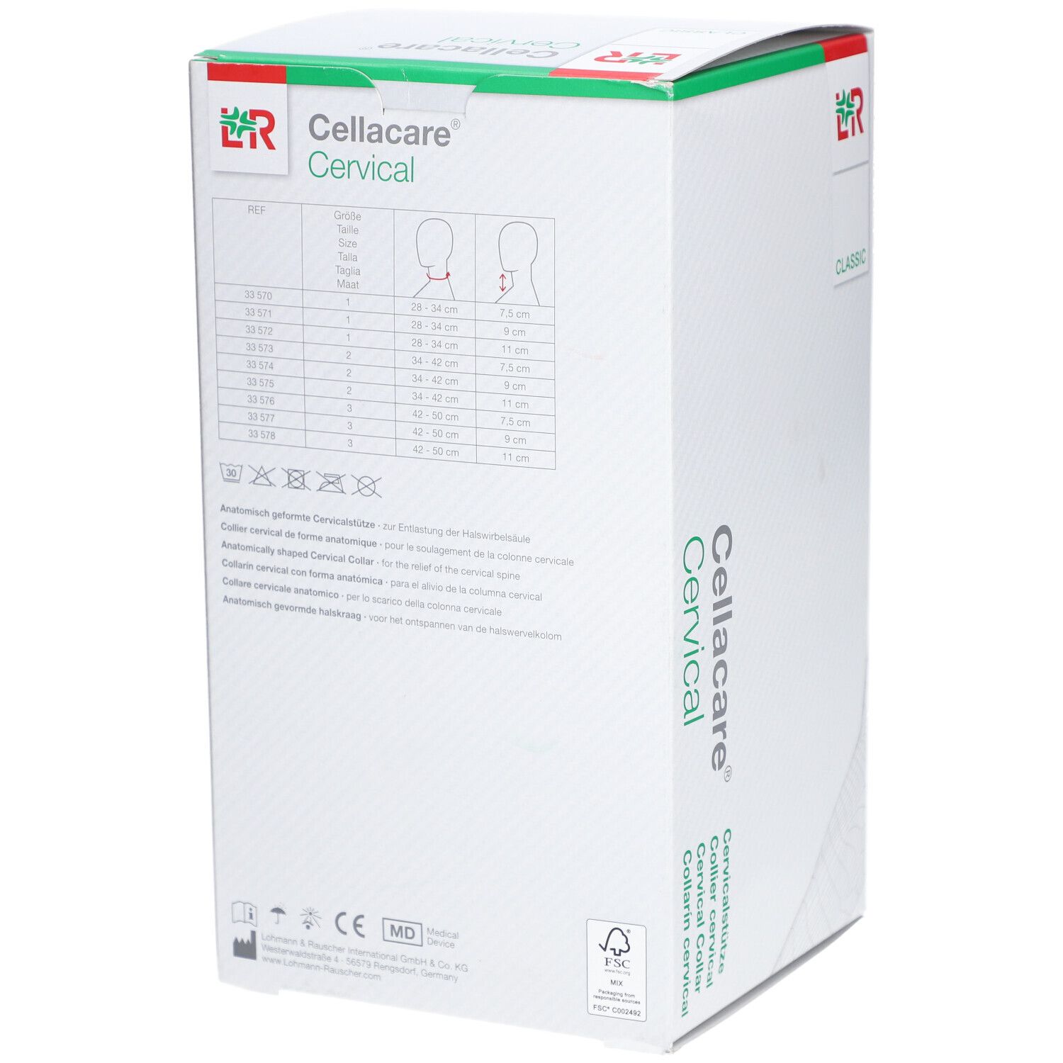 Cellacare Cervical Classic. Emballage avec tableau des tailles. Texte Cellacare Cervical et logo.