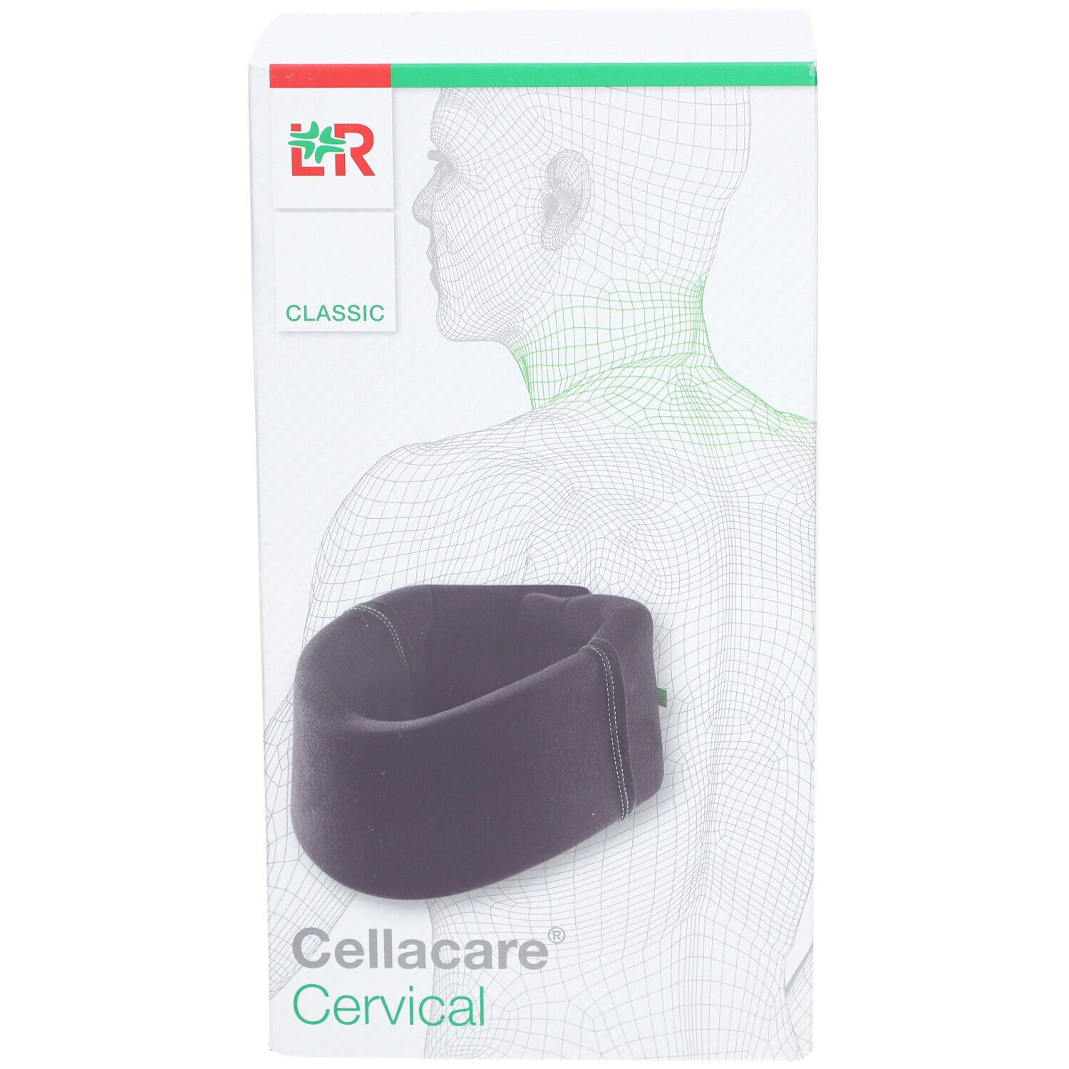 Cellacare Cervical Classic. Collerette cervicale noire. Logo et texte Cellacare Cervical. Classic.