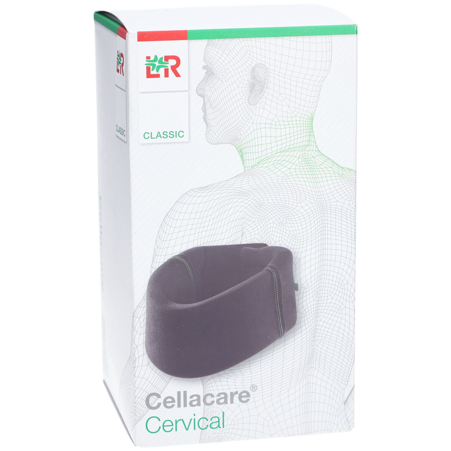 Cellacare Cervical Classic. Collerette cervicale noire dans son emballage. Logo et texte Cellacare Cervical.