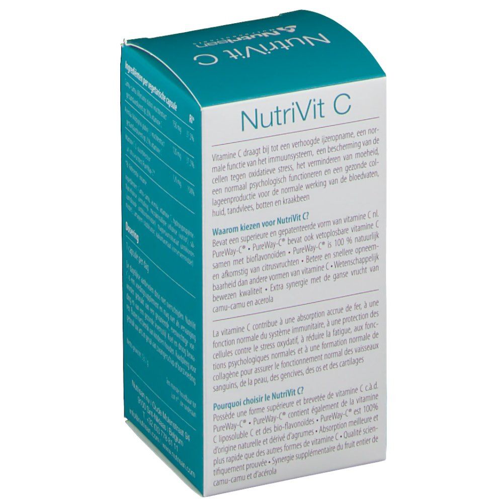 Rückseite der NutriVit C-Verpackung. Text in Deutsch, Französisch und Niederländisch. Enthält Informationen zum Produkt.