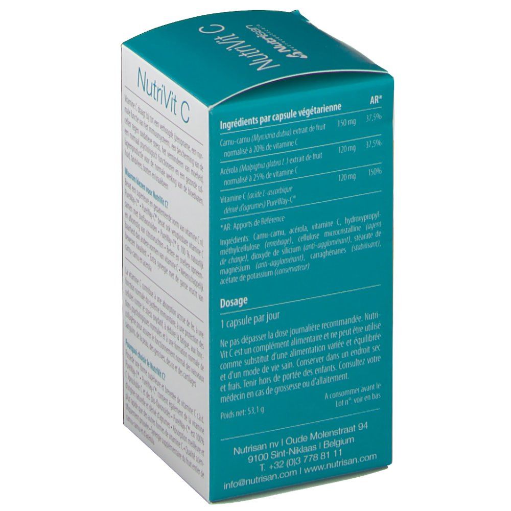 Rückseite der NutriVit C-Verpackung. Text in Deutsch, Französisch und Niederländisch. Enthält Informationen zu Inhaltsstoffen und Dosierung.