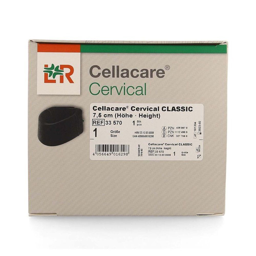 Emballage Cellacare Cervical Classic. Nom du produit, logo et taille 7,5 cm. Contient 1 pièce. Code-barres et référence.