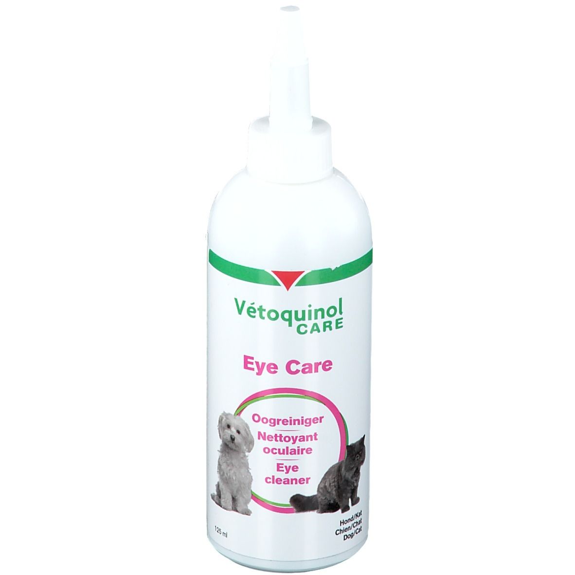 Flacon blanc avec design vert et rouge. Inscription : Vétoquinol CARE Eye Care. Illustration : chien et chat. Texte : Oogreiniger, Nettoyant oculaire, Eye cleaner.