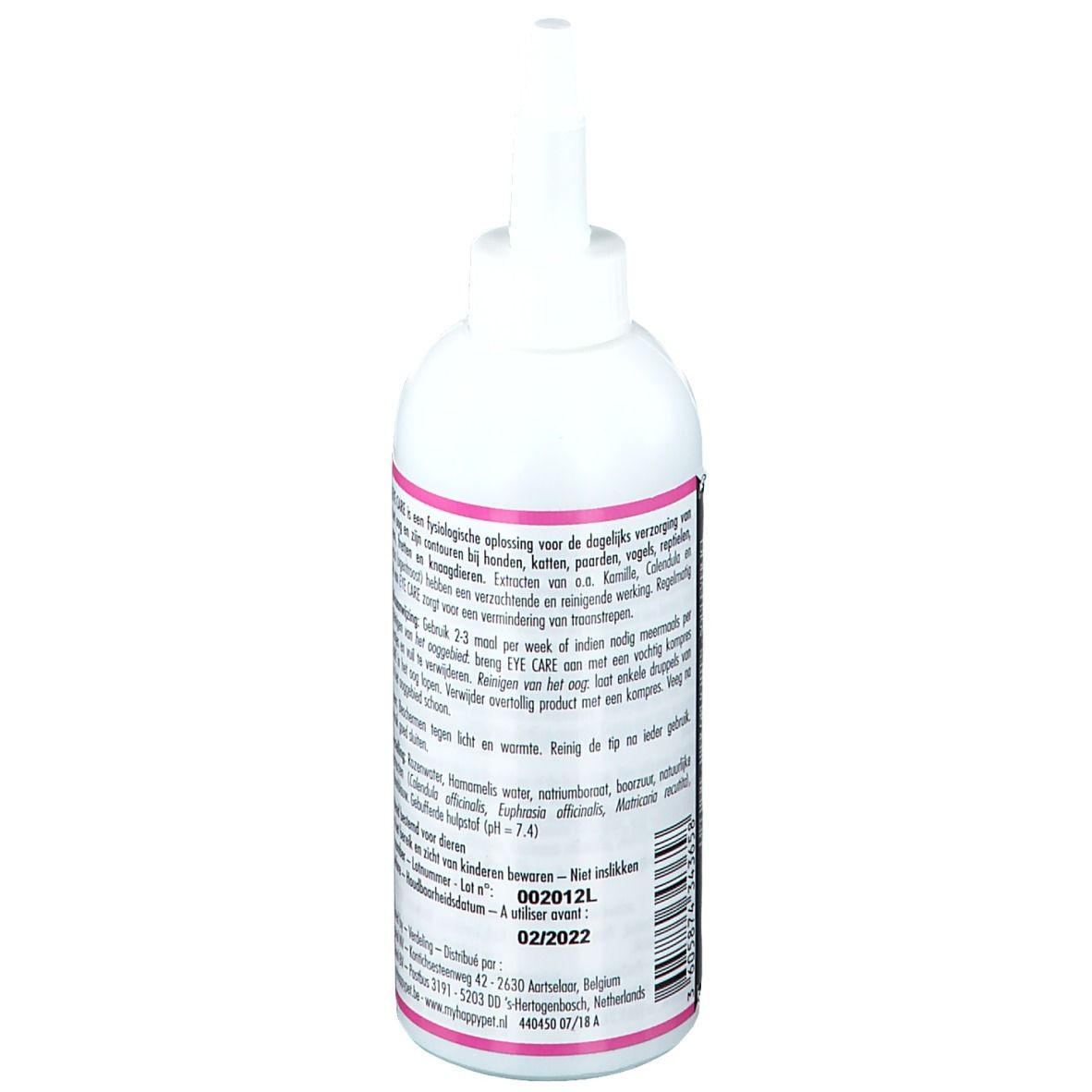 Dos du flacon blanc. Extraits de texte en plusieurs langues. Informations sur le produit, instructions et date de péremption.