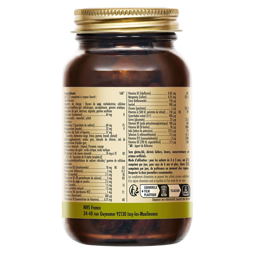 Rückseite einer braunen Glasflasche. Etikett mit Inhaltsstoffen und Text in französischer Sprache.