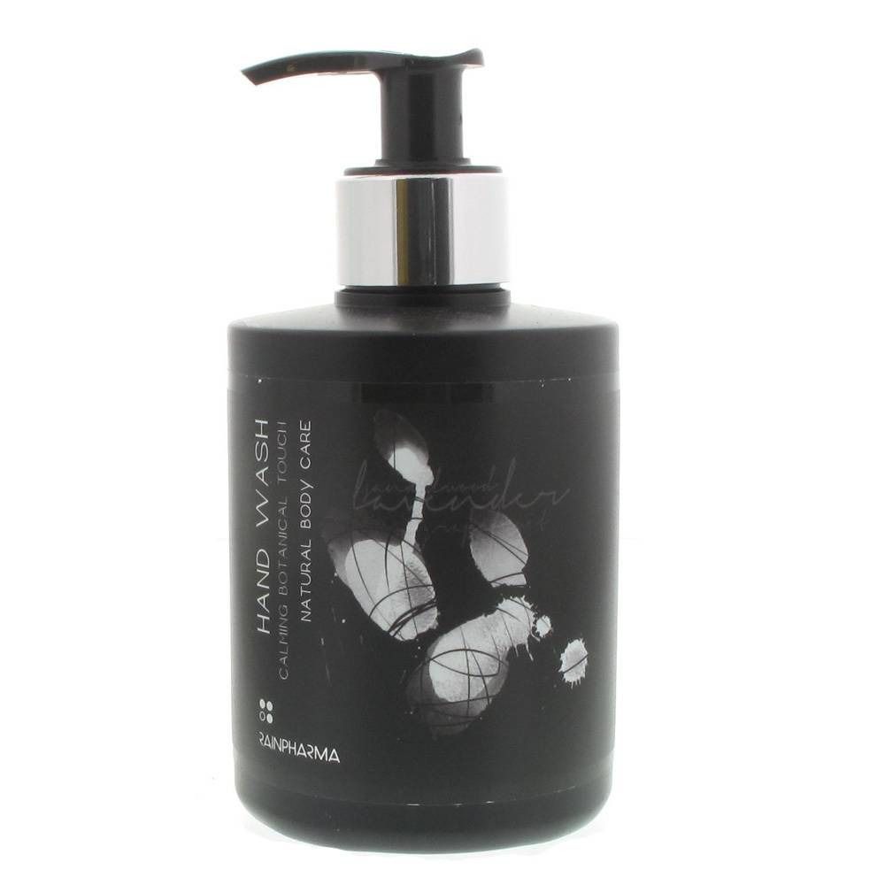 Schwarze Handwaschflasche mit Pumpkopf. Aufschrift: Hand Wash, Calm Botanical Touch, Natural Body Care. Marke: Rainpharma.