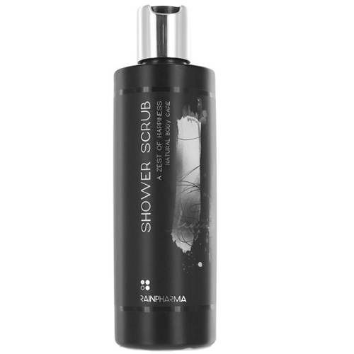 Schwarze Flasche mit silbernem Deckel. Aufschrift: Shower Scrub, RainPharma. Abbildung von Pflanzen.