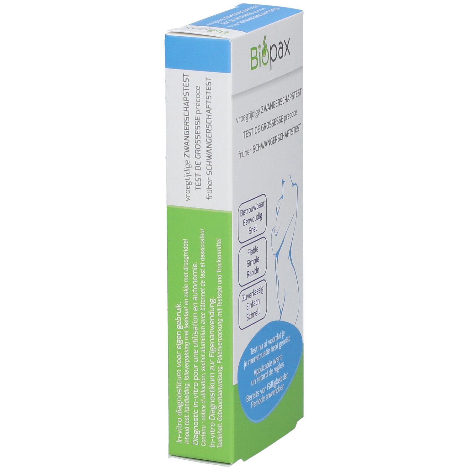 BioPax Frühtest Schwangerschaftstest Verpackung mit Frauensilhouette und detaillierten Anwendungshinweisen.