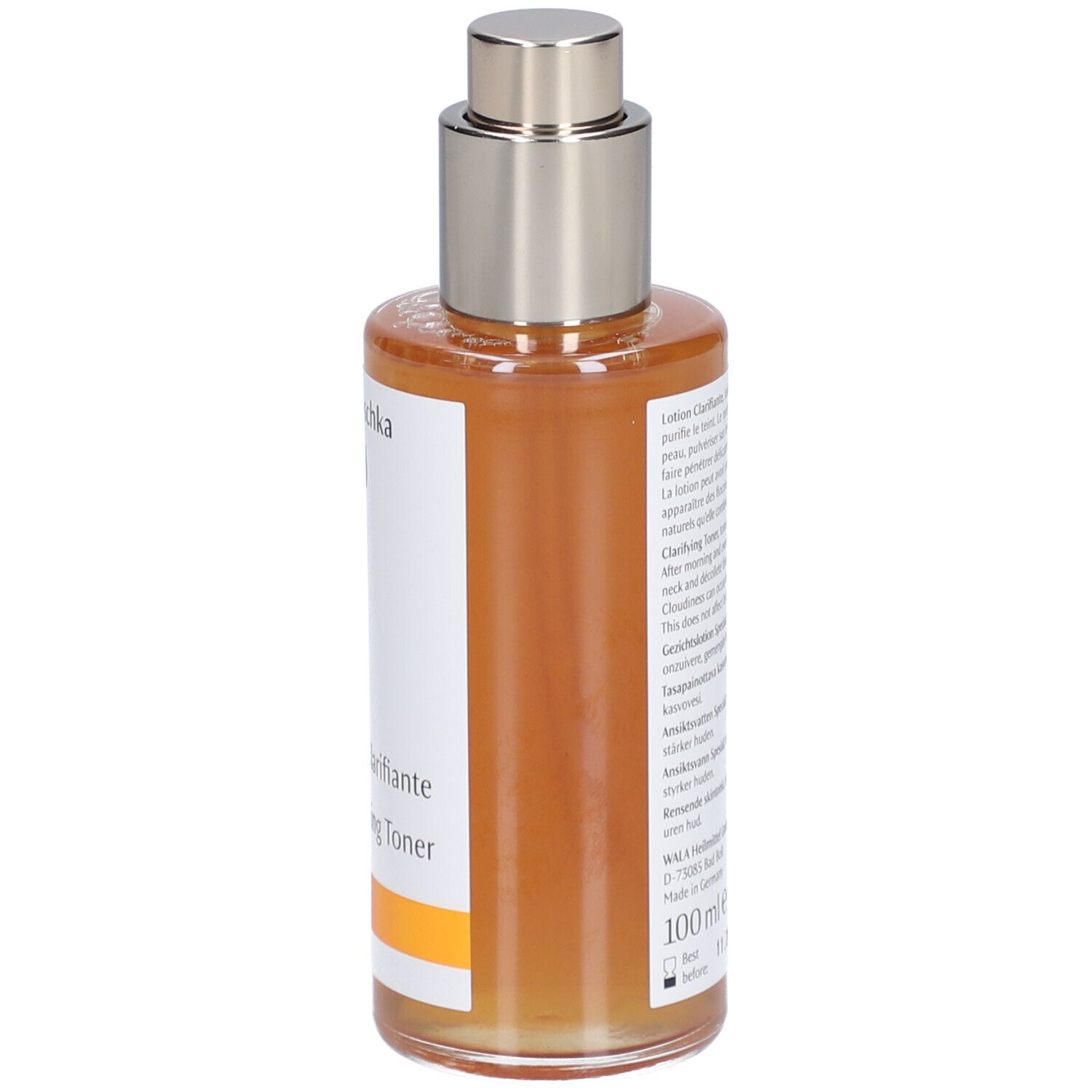 Glasflasche mit brauner Flüssigkeit und Sprühkopf. Aufschrift: Dr. Hauschka, Lotion Clarifiante, Clarifying Toner. Etikett.