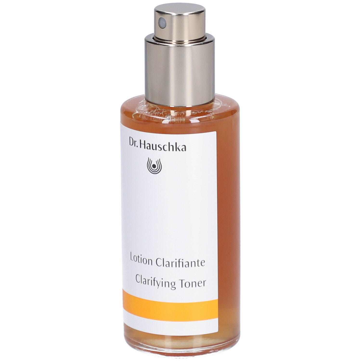 Glasflasche mit brauner Flüssigkeit und Sprühkopf. Aufschrift: Dr. Hauschka, Lotion Clarifiante, Clarifying Toner.