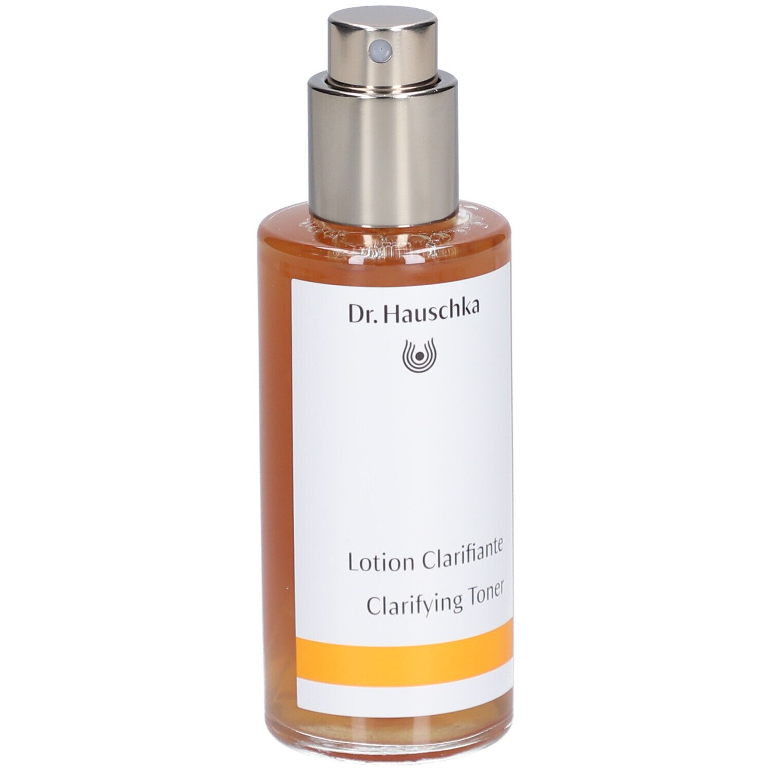 Glasflasche mit brauner Flüssigkeit und Sprühkopf. Aufschrift: Dr. Hauschka, Lotion Clarifiante, Clarifying Toner.