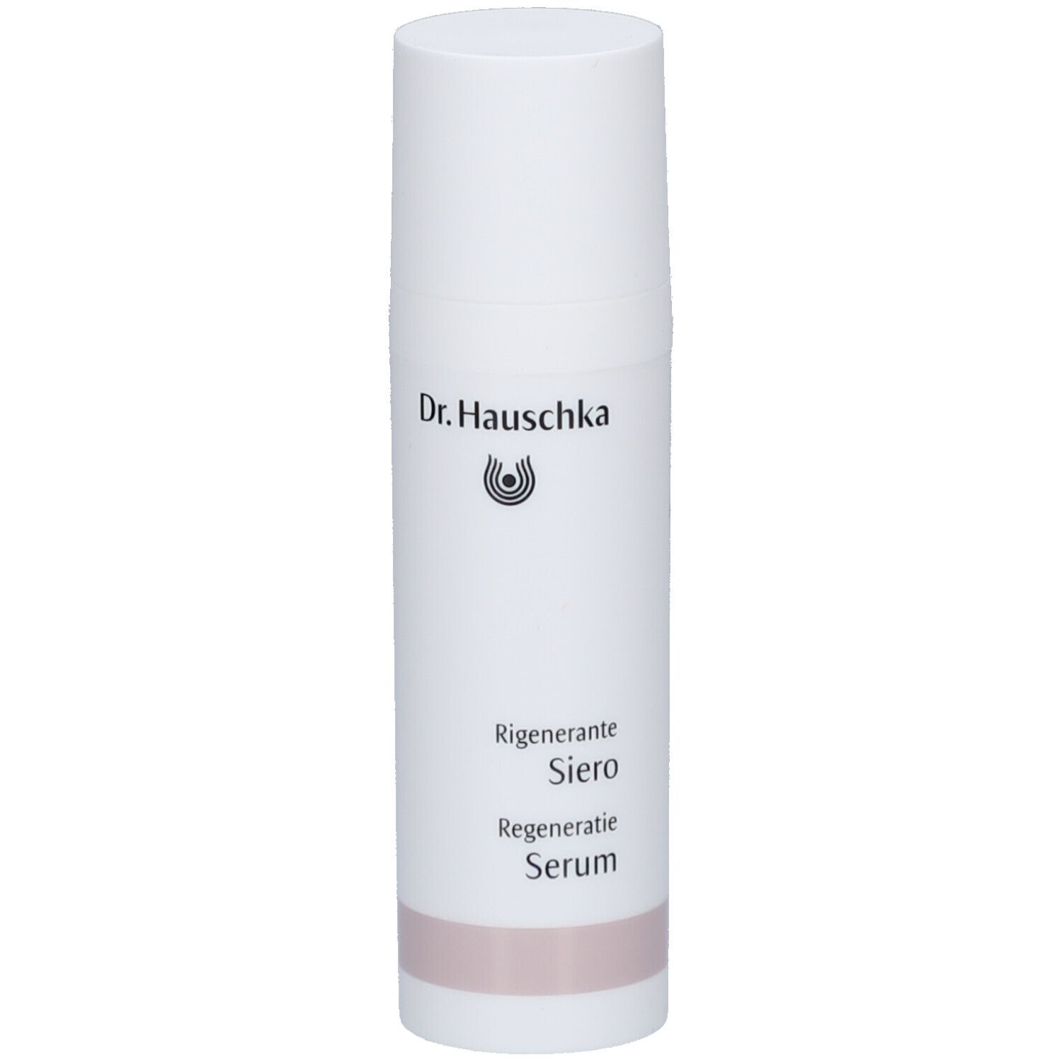 Flacon blanc avec logo Dr. Hauschka et texte: Regenerante Siero, Regeneratie Serum. Bande rose.