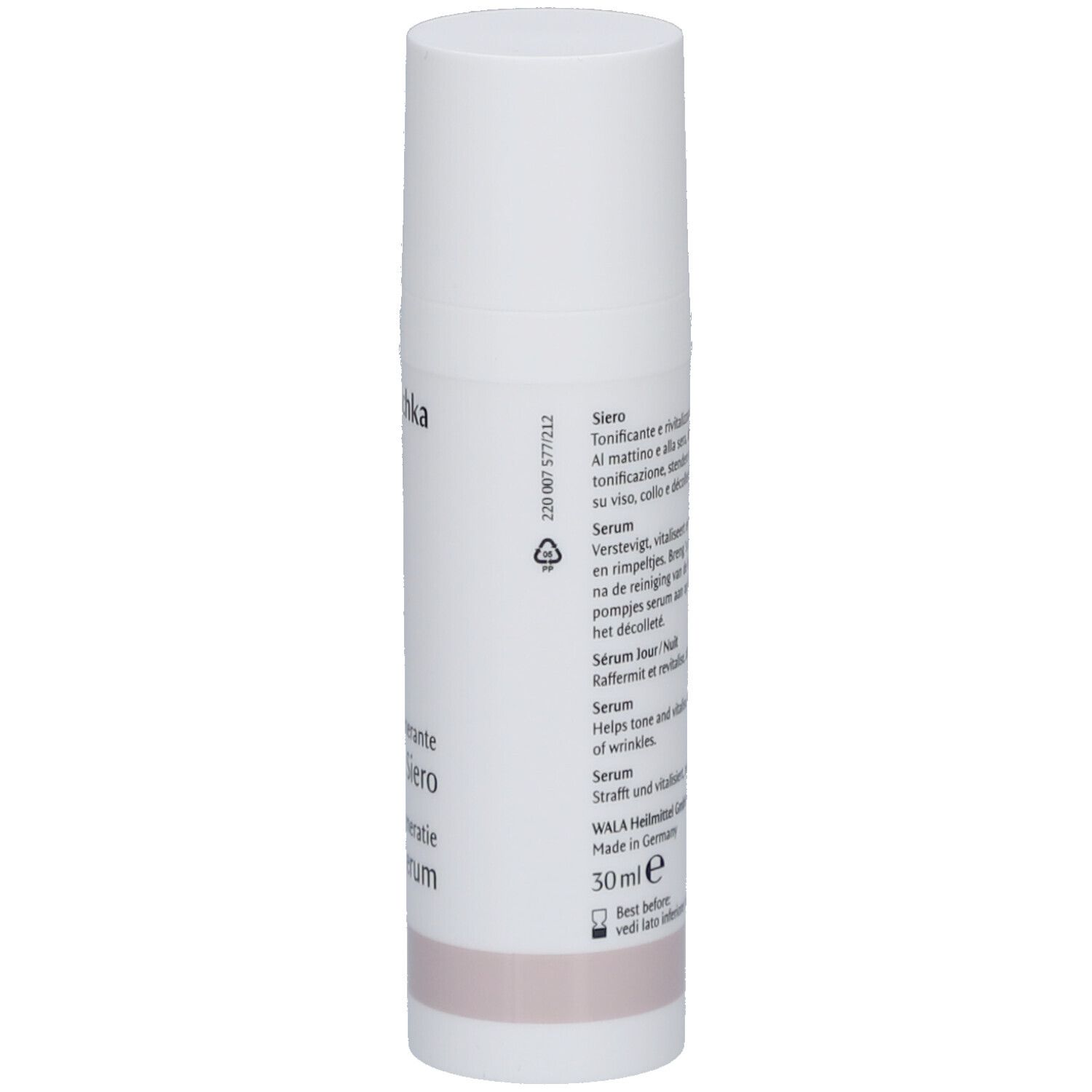 Flacon blanc avec texte. Bande rose en bas. Texte en allemand, italien, néerlandais, anglais.