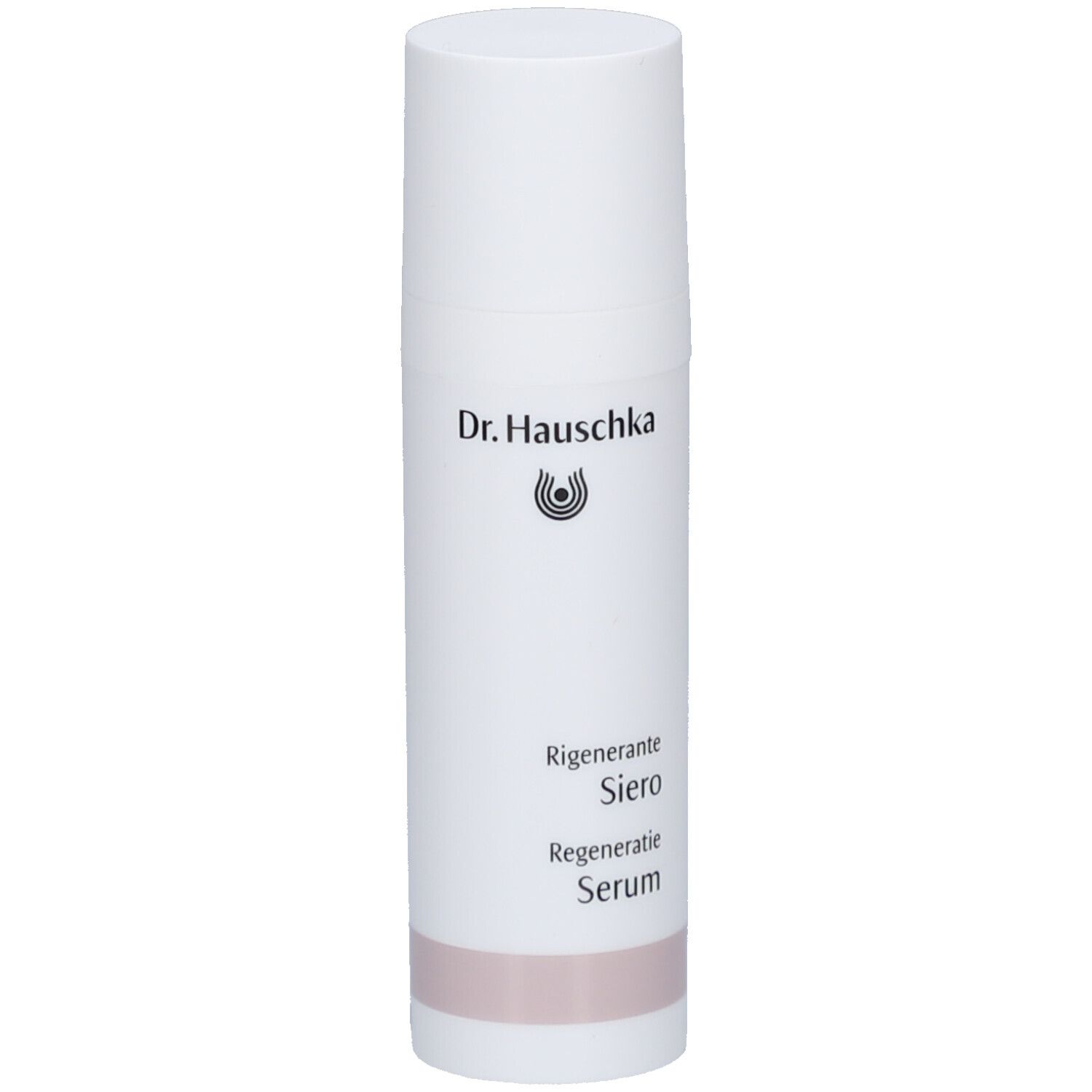Flacon blanc avec logo Dr. Hauschka et texte: Regenerante Siero, Regeneratie Serum. Bande rose.