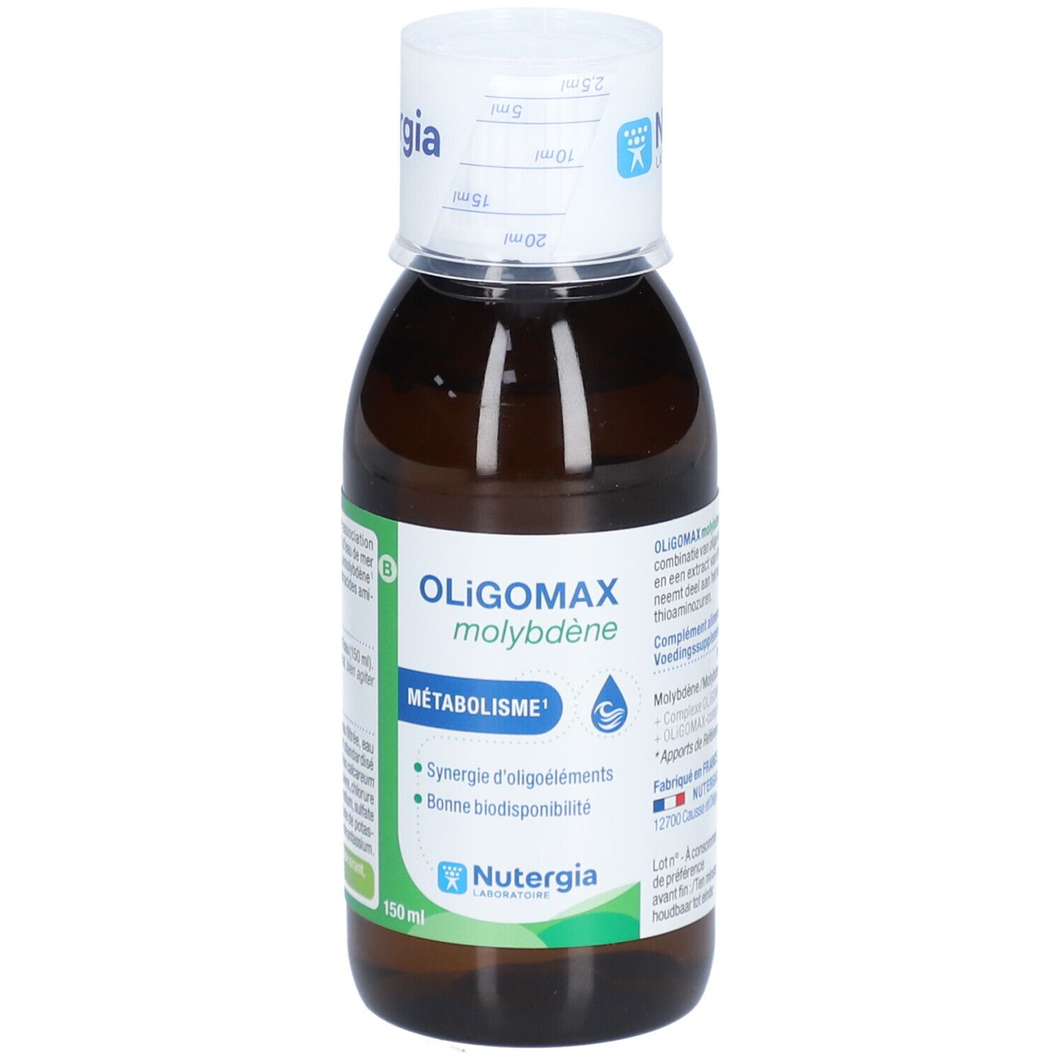Braune Glasflasche mit weißem Deckel. Aufschrift: OLIGOMAX molybdène, METABOLISME, Nutergia. Messskala auf dem Deckel.