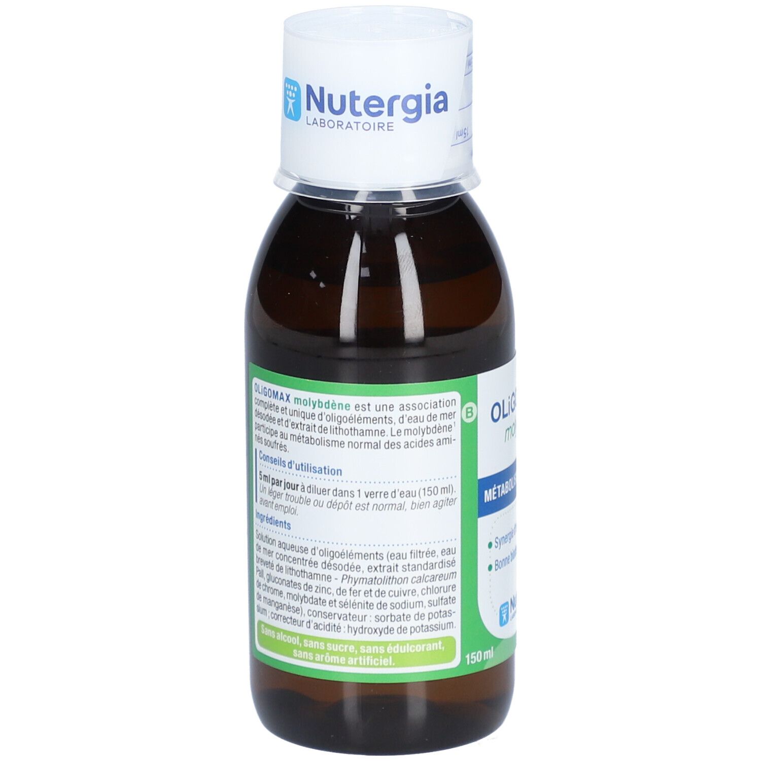 Braune Glasflasche mit weißem Deckel. Aufschrift: OLIGOMAX molybdène, METABOLISME, Nutergia. Text über Inhaltsstoffe und Anwendung.