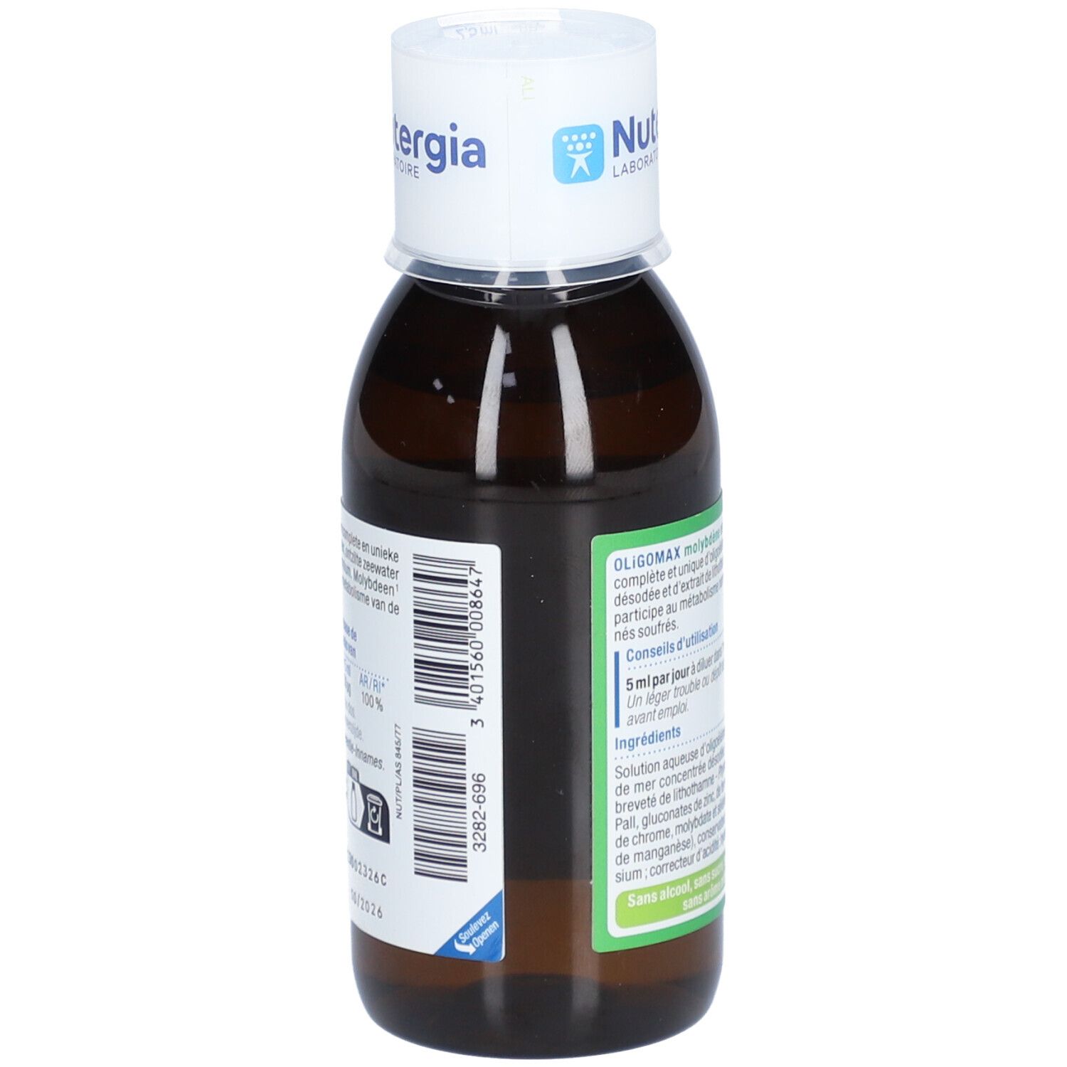 Braune Glasflasche mit weißem Deckel. Aufschrift: OLIGOMAX molybdène, METABOLISME, Nutergia. Barcode und weitere Informationen.